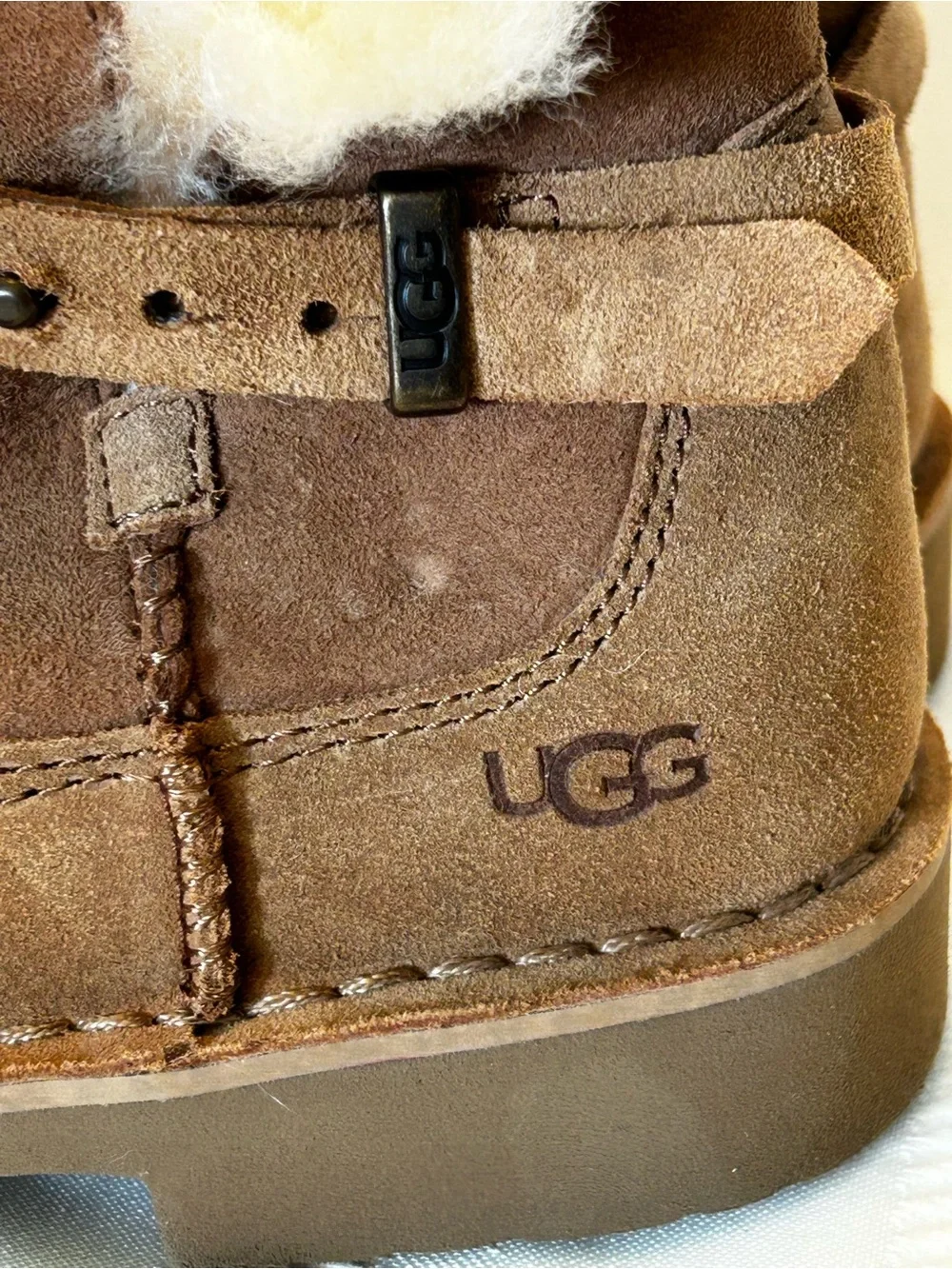 UGG Elisa Ankle Boots Chestnut Brown Suede Shesrling Womens 7.5 Buckle Strap